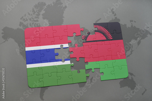 puzzle with the national flag of gambia and malawi on a world map
