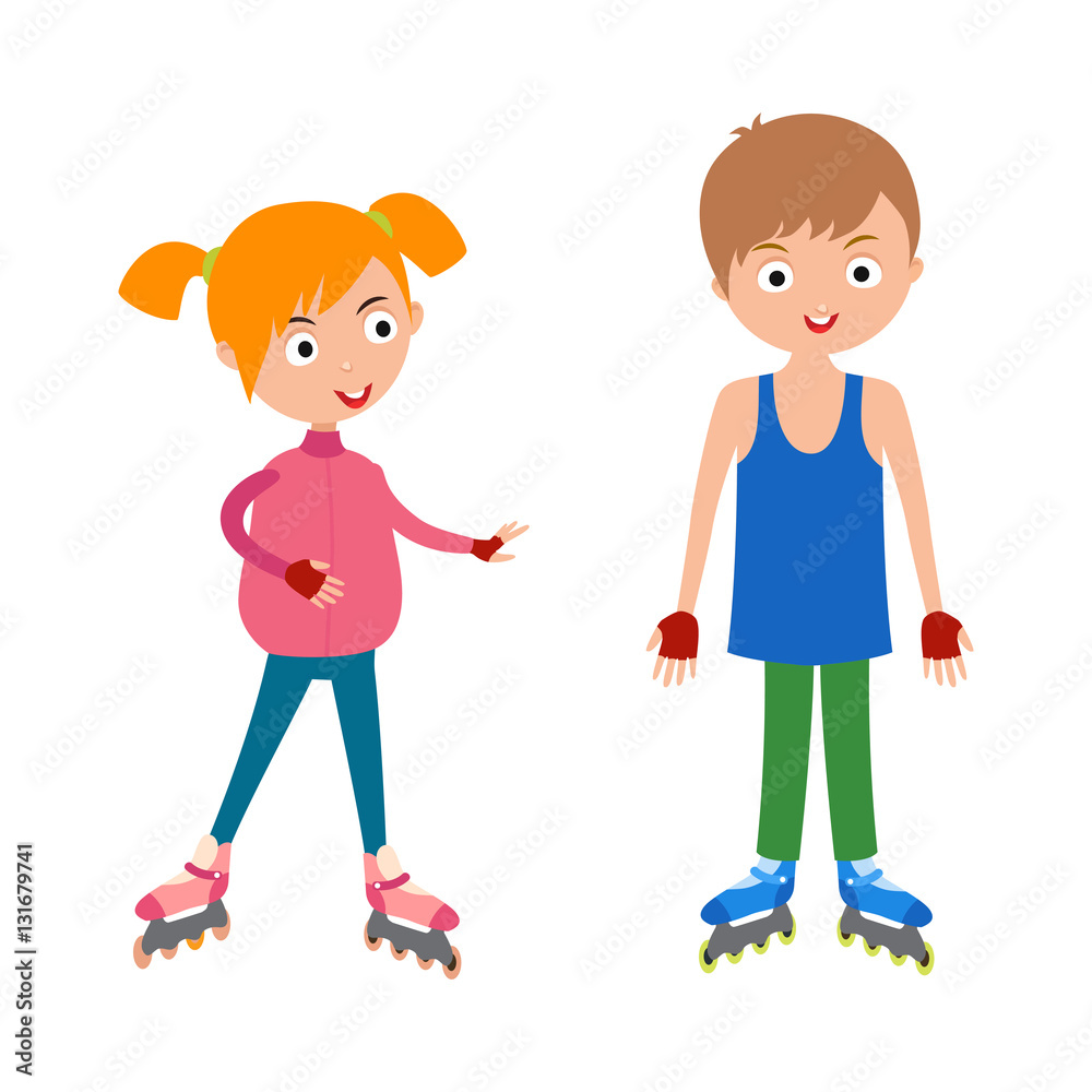 Cute young girl and boy in roller pink skates vector.