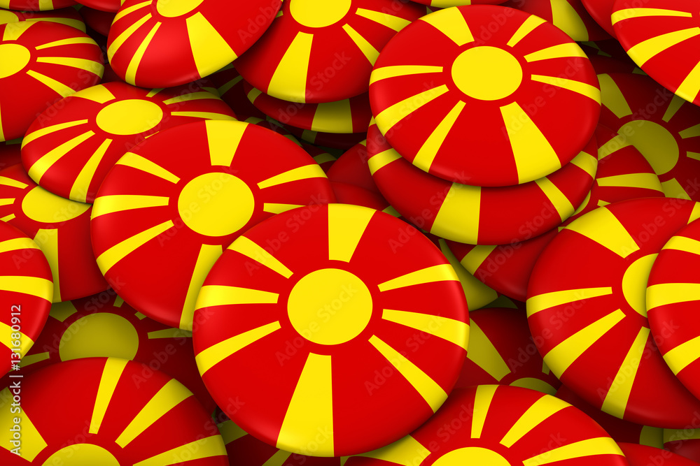 Macedonia Badges Background - Pile of Macedonian Flag Buttons 3D Illustration
