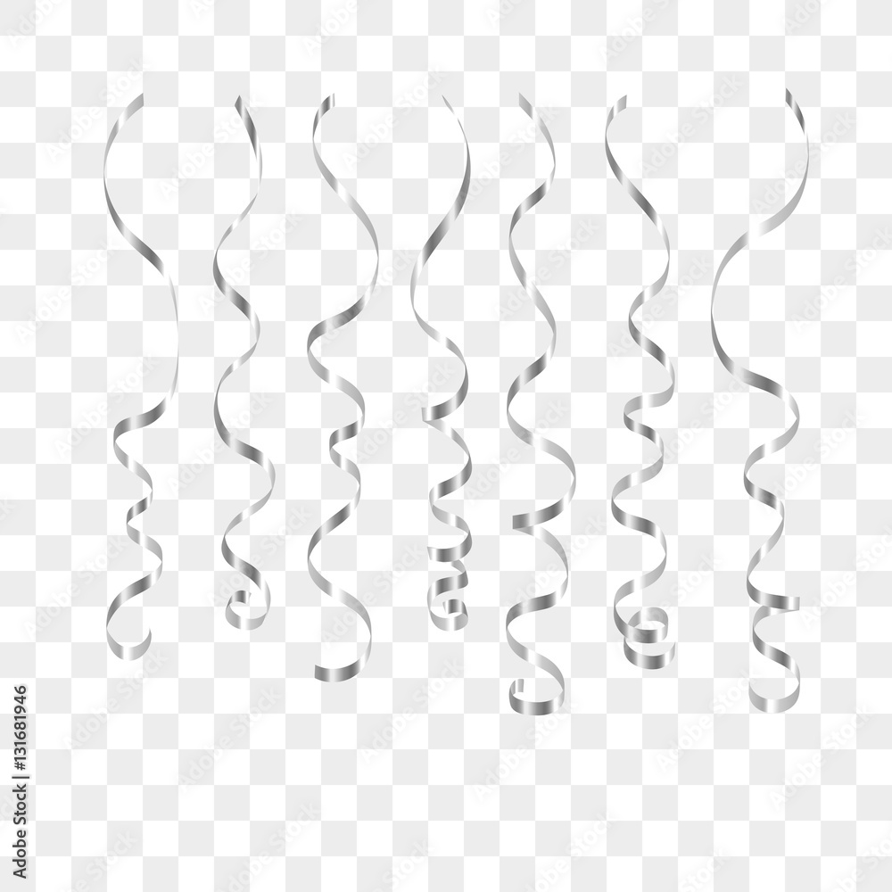 Curly ribbon serpentine confetti. Silver streamers set on