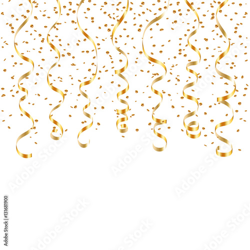 Gold curly ribbon confetti. Golden serpentine on white background. Colorful streamers. Design decoration party, birthday, Christmas, New Year celebration, anniversary, carnival Vector illustration
