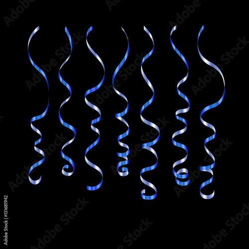 Curly ribbon serpentine confetti. Blue streamers set on black background. Colorful design decoration for party, holiday event, carnival, Christmas, New Year greeting. Vector illustration