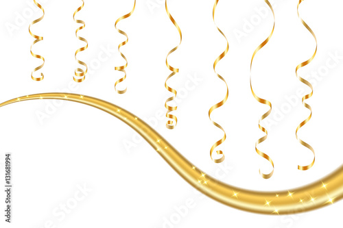 Gold curly ribbons. Golden serpentine on white background. Colorful streamers. Design decoration party, birthday, Christmas, New Year celebration, anniversary, carnival Vector illustration