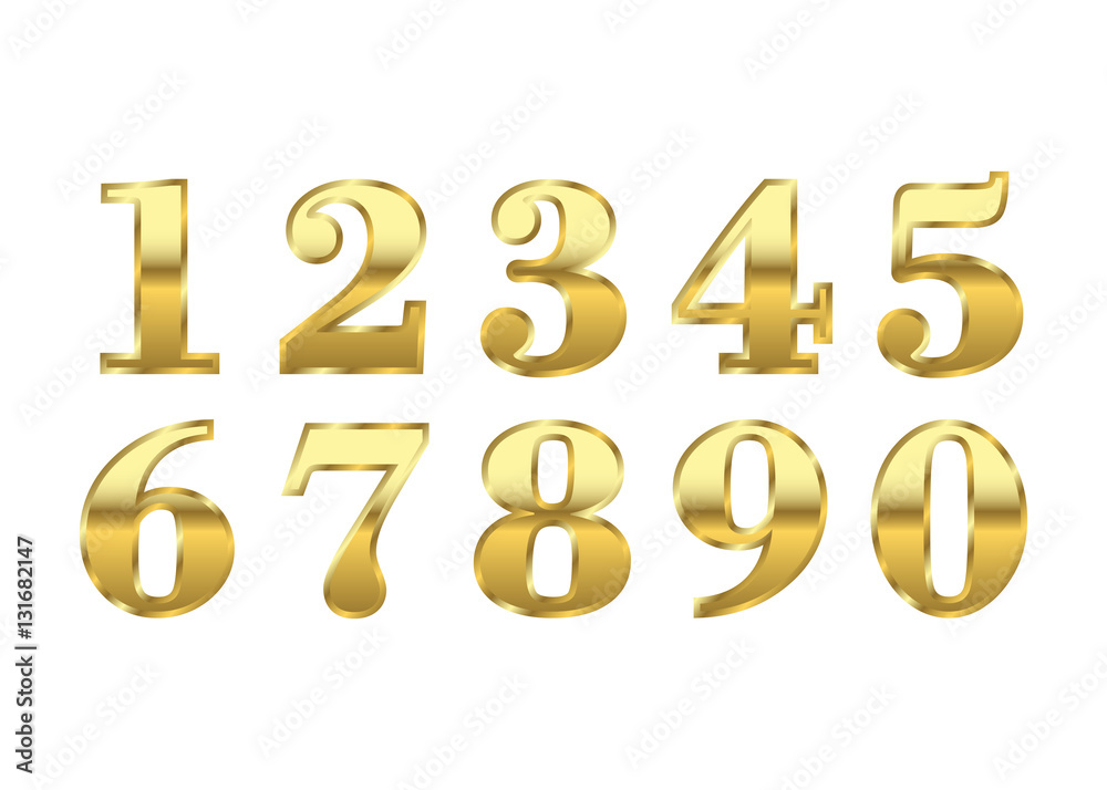 Gold 3d metallic numbers set. Golden metal texture font, isolated on white background. Luxury type symbols. Elegant typography graphic. Bright royal style typeset decoration. Vector illustration Gold 3d metallic numbers set. Golden metal texture font, isolated on white background. Luxury type symbols. Elegant typography graphic. Bright royal style typeset decoration. Vector illustration