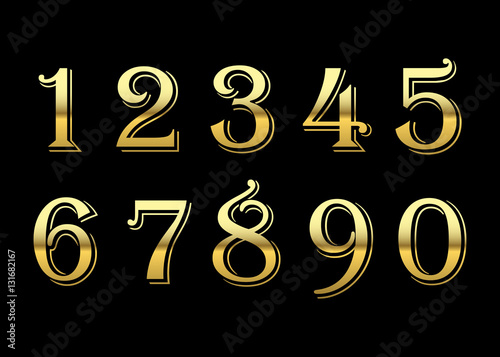 Gold numbers set. Golden metallic font, isolated on black background. Beautiful typography metal design for decoration. Symbol elegance royal graphic. Modern fashion signs. Vector illustration