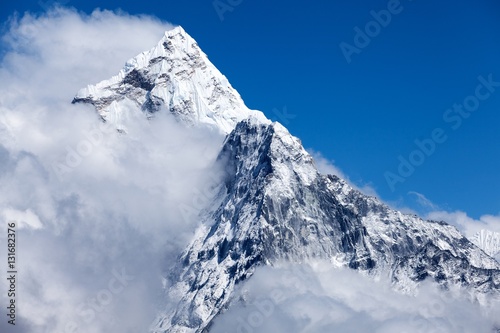 Summit of Mt. Ama Dablam from route to Cho La, Himalayas, Solu Khumbu, Nepal