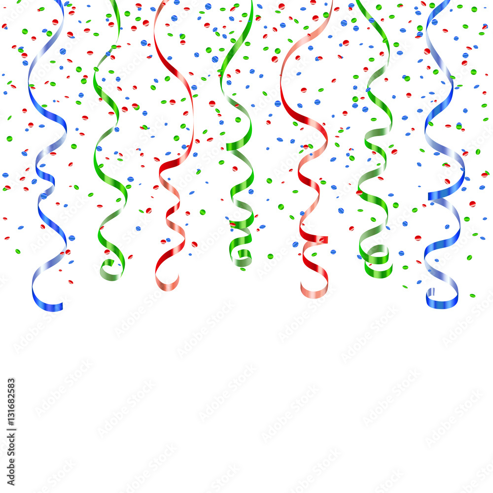 Green, red, blue curly ribbon confetti. Serpentine on white background. Colorful streamers. Decoration party, birthday, Christmas, New Year celebration, anniversary, carnival Vector illustration Green, red, blue curly ribbon confetti. Serpentine on white background. Colorful streamers. Decoration party, birthday, Christmas, New Year celebration, anniversary, carnival Vector illustration