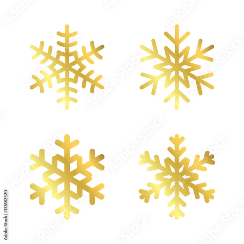 Gold Christmas snowflakes icons set. Golden silhouette snow flake sign isolated on white background. Elegant design card, decoration. Symbol winter, New Year holiday celebration Vector illustration