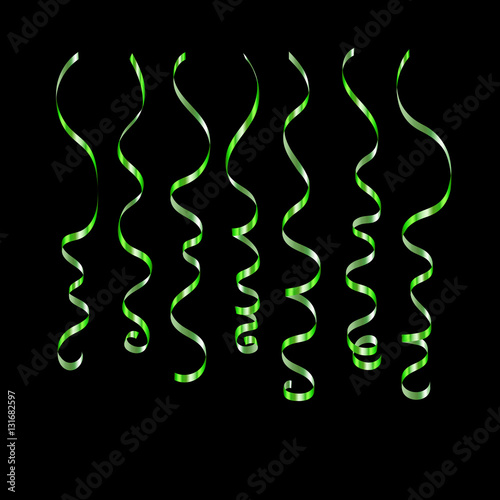 Curly ribbon serpentine confetti. Green streamers set on black background. Colorful design decoration for party, holiday event, carnival, Christmas, New Year greeting. Vector illustration