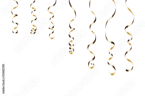 Gold curly ribbons. Golden serpentine on white background. Colorful streamers. Design decoration party, birthday, Christmas, New Year celebration, anniversary, carnival Vector illustration