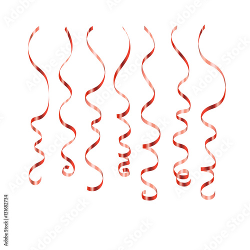 Curly ribbon serpentine confetti. Red streamers set on white background. Colorful design decoration for party, holiday event, carnival, Christmas, New Year greeting. Vector illustration