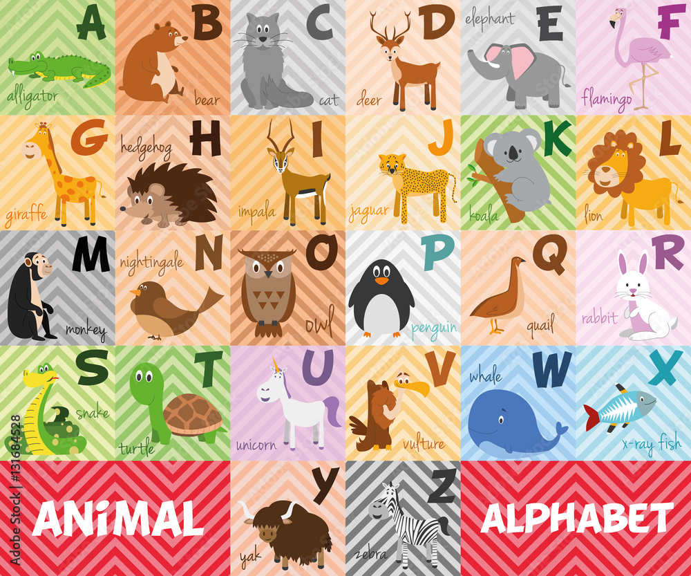 Cute cartoon zoo illustrated alphabet with funny animals. English alphabet. Learn to read. Isolated Vector illustration. Cute cartoon zoo illustrated alphabet with funny animals. English alphabet. Learn to read. Isolated Vector illustration.