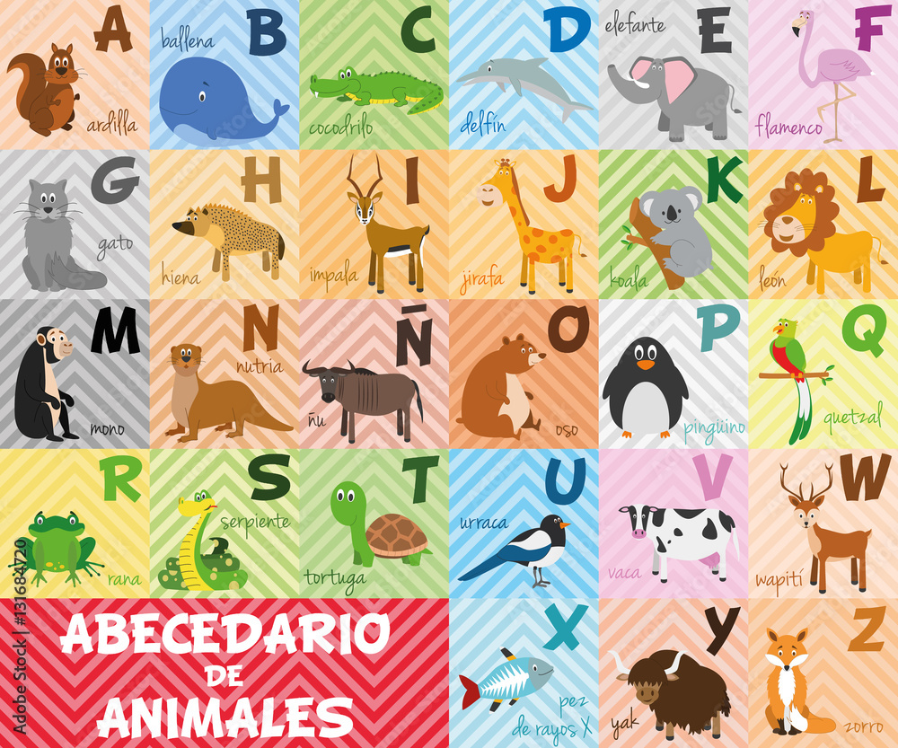 Cute cartoon zoo illustrated alphabet with funny animals. Spanish alphabet. Learn to read. Isolated Vector illustration. Cute cartoon zoo illustrated alphabet with funny animals. Spanish alphabet. Learn to read. Isolated Vector illustration.