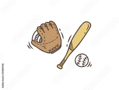 Baseball bat glove and ball icon in doodle style