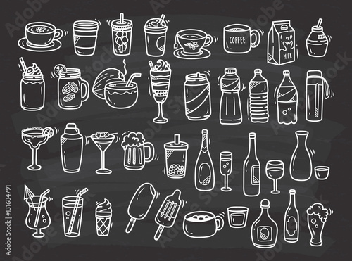 Beverages doodle set on chalkboard background