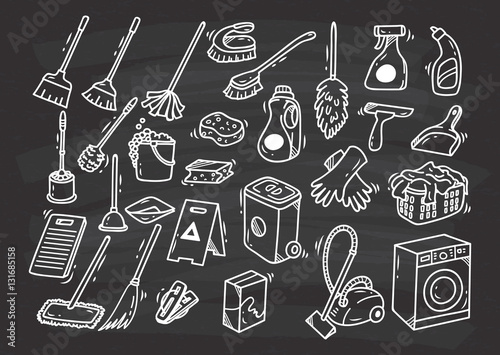 Cleaning supplies doodle set