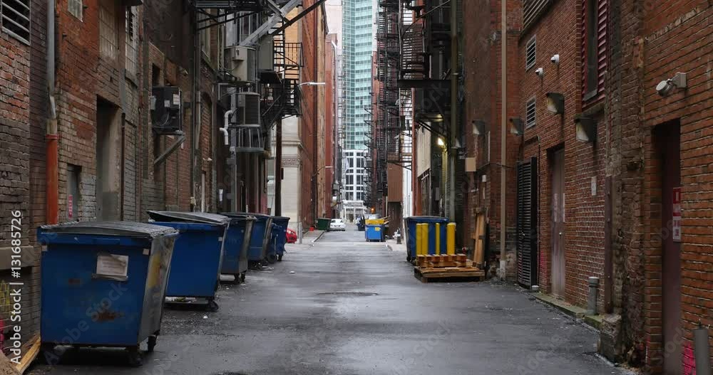 A daytime overcast establishing shot of an empty alley in a big city.	 	
