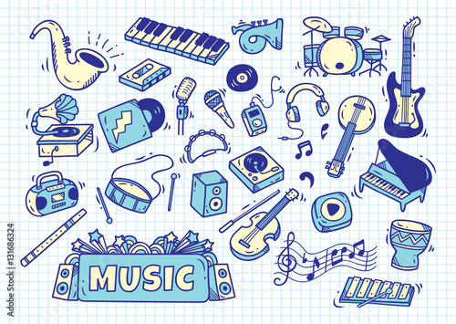 set of music instrument in doodle style on paper background