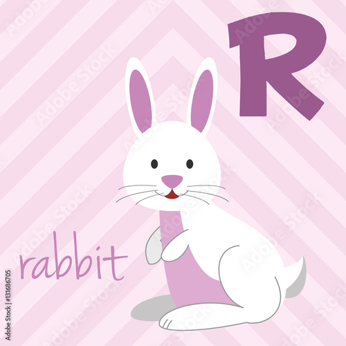Cute cartoon zoo illustrated alphabet with funny animals  R for Rabbit. English alphabet. Learn to read. Isolated Vector illustration.