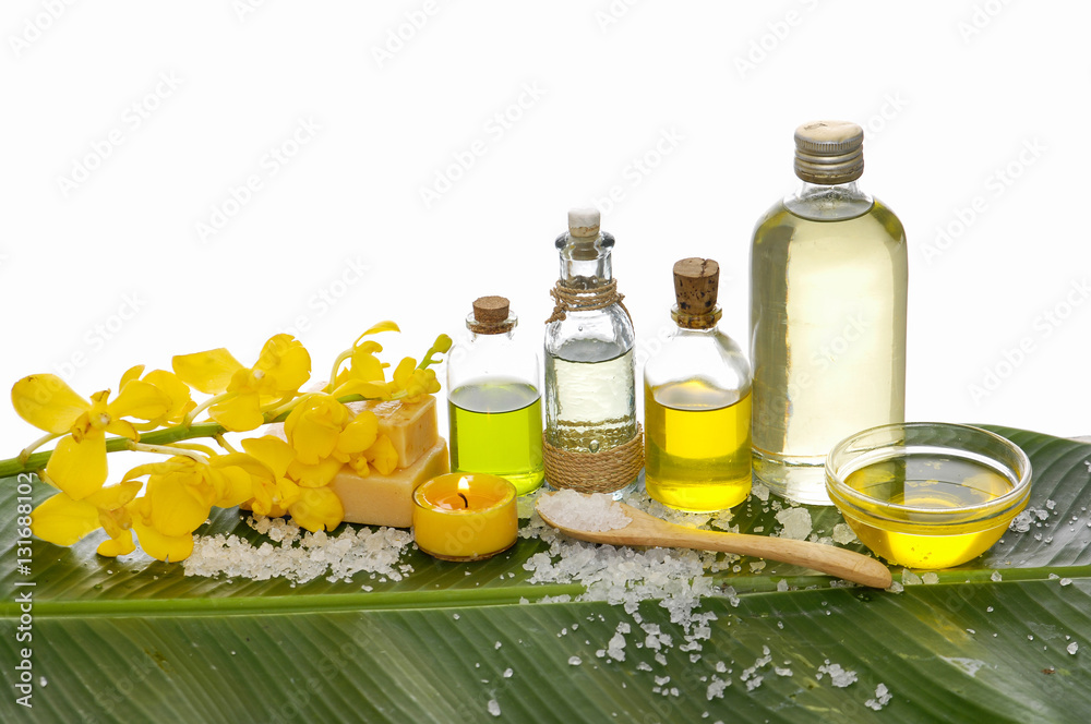 Spa set on banana leaf with branch orchid Spa set on banana leaf with branch orchid