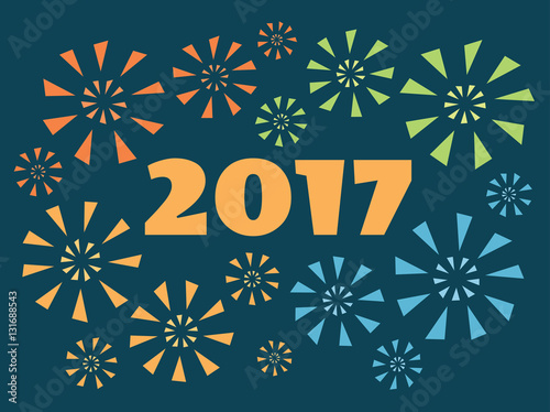 Vector retro styled illustration. Fireworks and number 2017 on a dark background. Horizontal format.