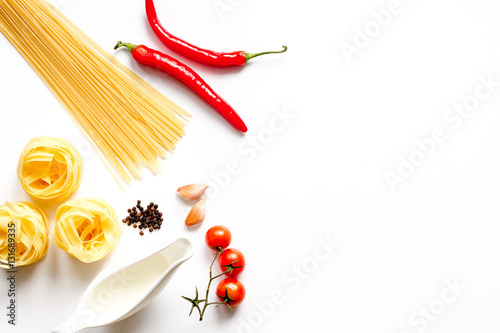 ingredients for cooking paste white background top view mock up