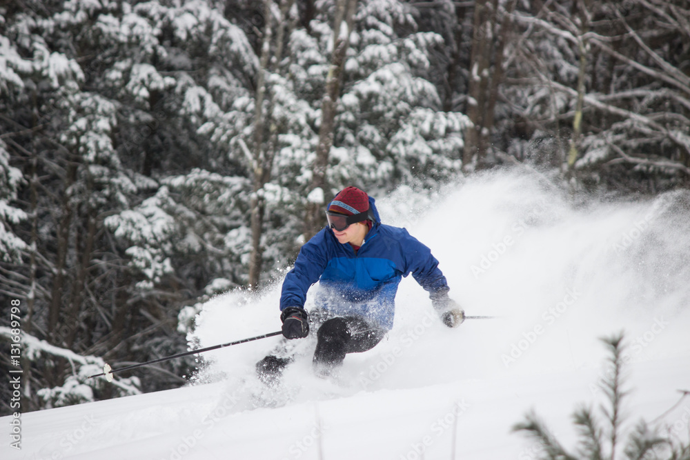 Skiing Teen in Blue Jacket Spraying Powder
Skiing Teen in Blue Jacket Spraying Powder