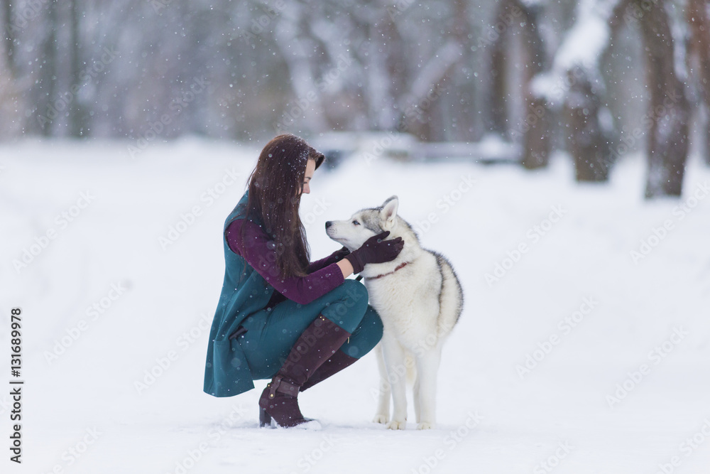 Human and Pet Relationships. Caucasian Brunette Woman Playing with Husky Dog in Forest Human and Pet Relationships. Caucasian Brunette Woman Playing with Husky Dog in Forest