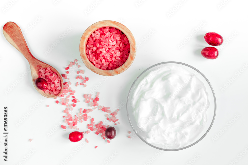 organic cosmetics with extracts of berries white background top view