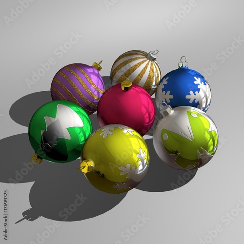 3D Visualization. Christmas balls. Marry Christmas and Happy New Year