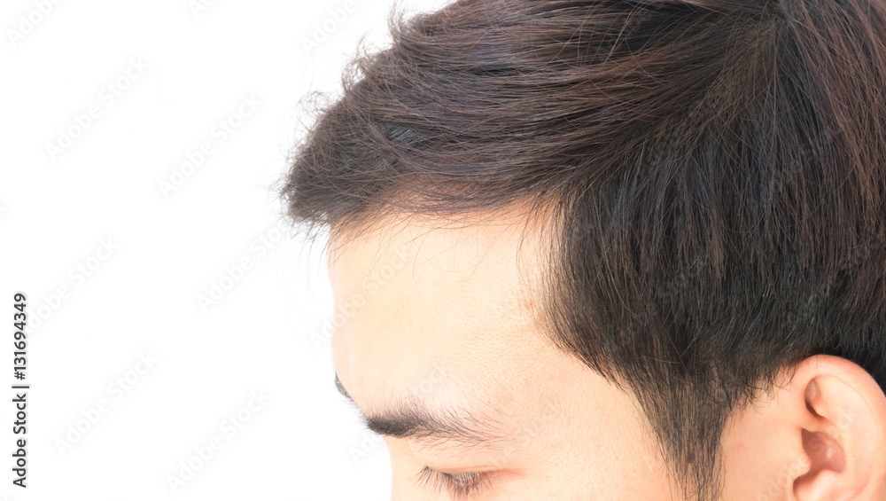 Young man worry hair loss problem for health care shampoo and be Young man worry hair loss problem for health care shampoo and be