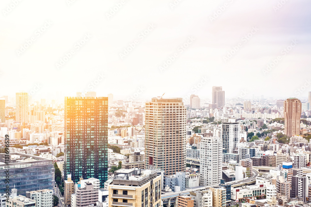 Fototapeta premium Asia Business concept for real estate and corporate construction - panoramic modern cityscape building bird eye aerial view from tokyo tower under sunrise and morning blue bright sky in Tokyo, Japan