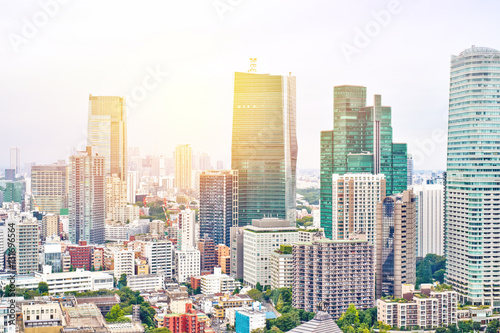 Asia Business concept for real estate and corporate construction - panoramic modern cityscape building bird eye aerial view from tokyo tower under sunrise and morning blue bright sky in Tokyo  Japan