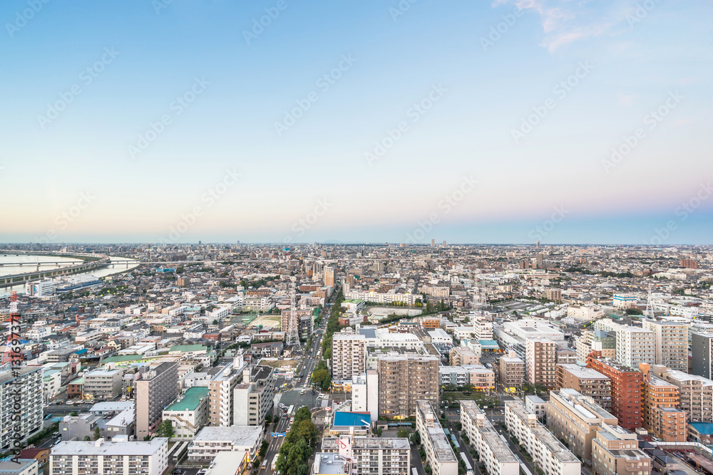 Business and culture concept - panoramic modern city skyline bird eye aerial view under dramatic sunset glow and beautiful cloudy sky in Tokyo, Japan