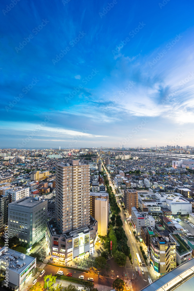 Fototapeta premium Business and culture concept for real estate and corporate construction - panoramic modern city skyline bird eye aerial night view under dramatic neon glow and beautiful dark blue sky in Tokyo, Japan