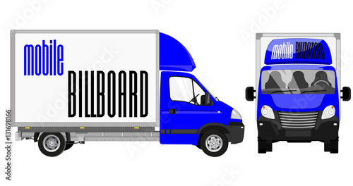 Small truck, front view and side view. Cargo delivery. Solid and Flat color design. White truck car for transportation. Corporate identity.