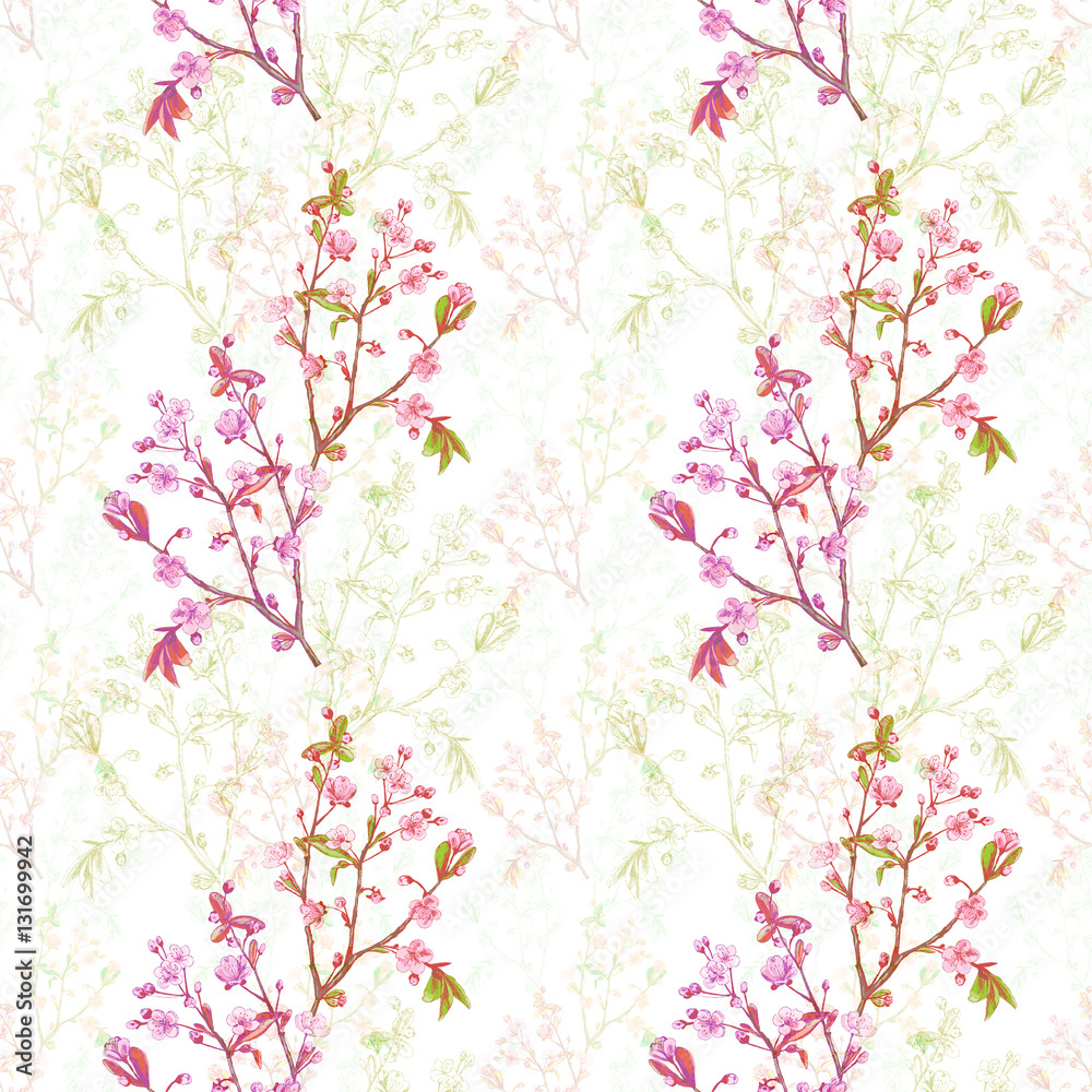 Watercolor floral seamless pattern with spring blossom, branch with pink flowers (cherry, plum, almonds), green outline, hand draw sketch and watercolor painting on white background