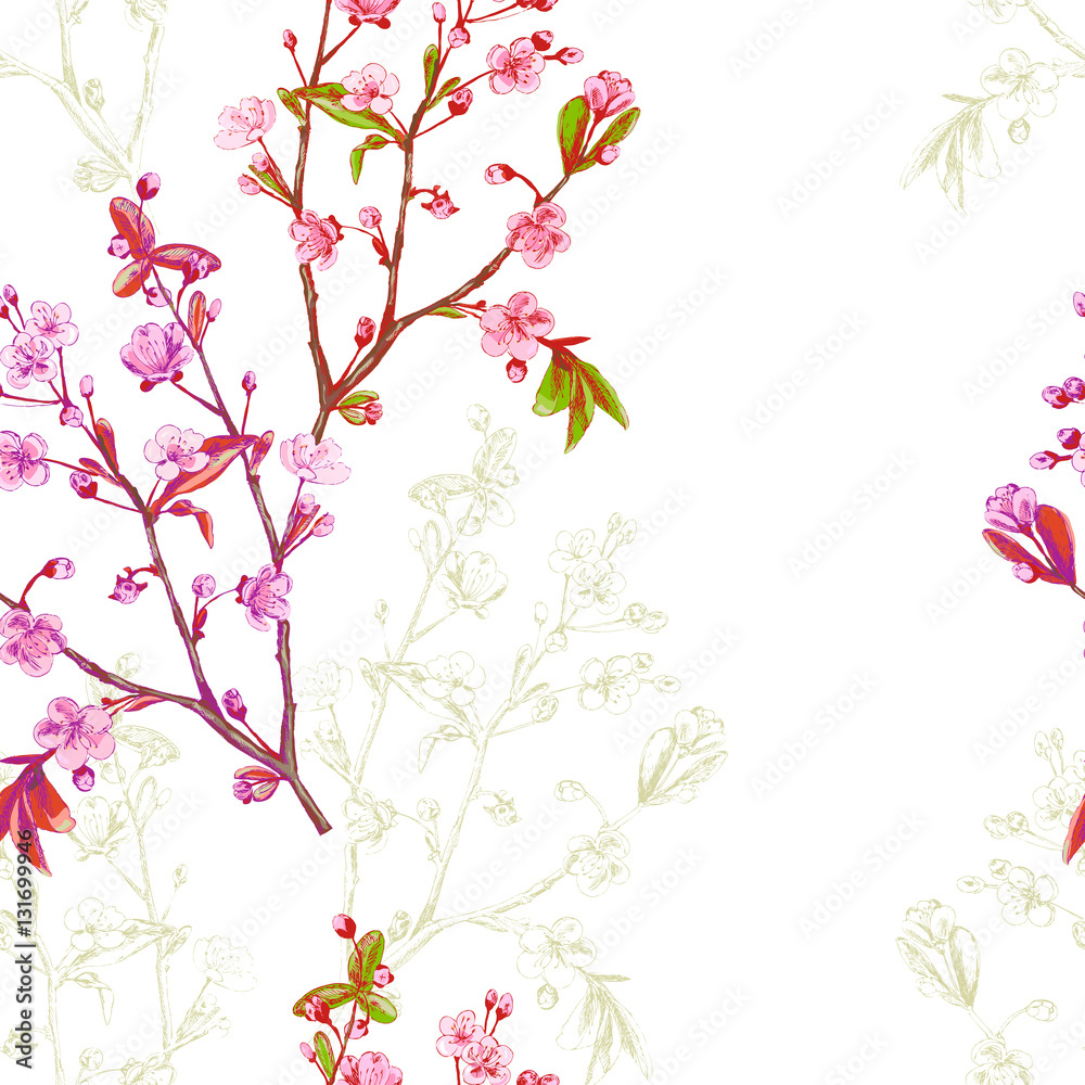 Vector floral seamless pattern with spring blossom, branch with pink flowers (cherry, plum, almonds), green outline, hand draw sketch and vector illustration on white background Vector floral seamless pattern with spring blossom, branch with pink flowers (cherry, plum, almonds), green outline, hand draw sketch and vector illustration on white background