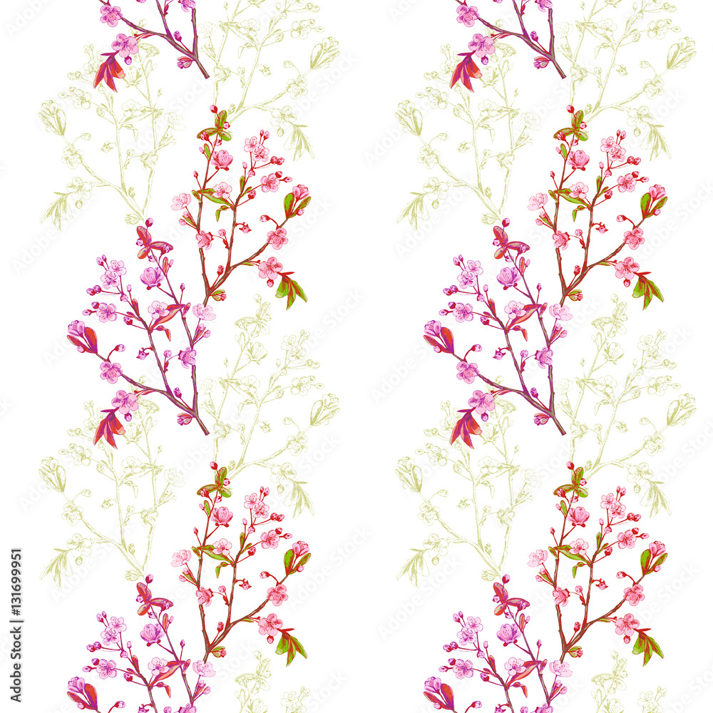 Vector floral seamless pattern with spring blossom, branch with pink flowers (cherry, plum, almonds), green outline, hand draw sketch and vector illustration on white background