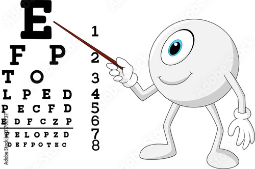 Cartoon eye ball optician pointing to Snellen chart