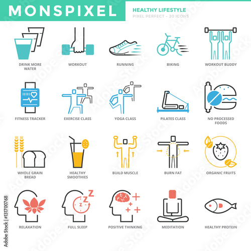 Flat thin line Icons set of Healthy Lifestyle. Pixel Perfect Ico