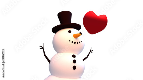 3d rendering picture of snowman and a big red heart. Happy Holidays and Merry Christmas greeting card. Empty white background.