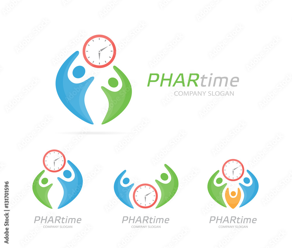 Fototapeta premium Vector clock and people logo combination. Time and family symbol or icon. Unique union, watch, connect, team and community logotype design template.