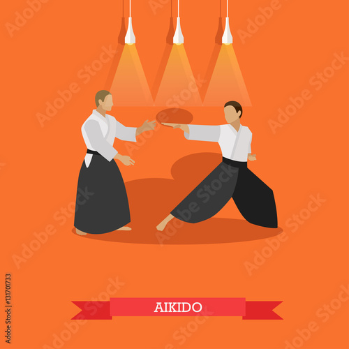 Vector poster of martial arts. Aikido. Fighters in sport positions. Flat design