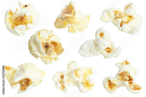 A collage of popcorn on a white isolated background