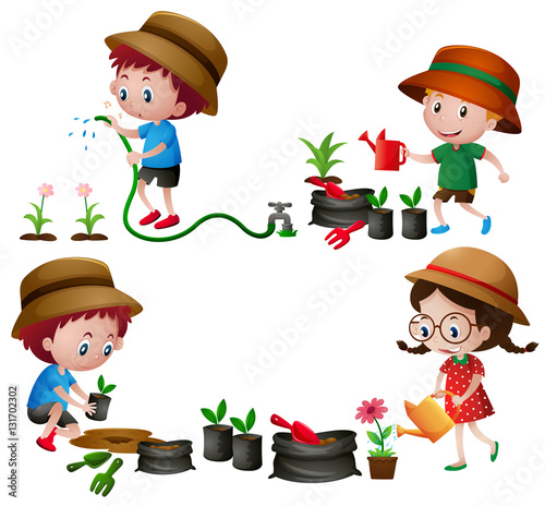 Four kids watering and planting trees