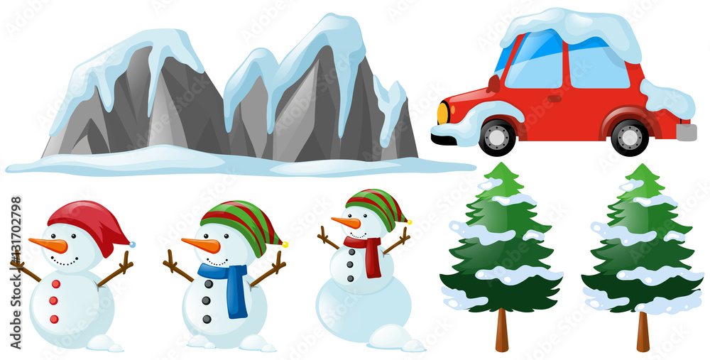 Winter set with snowman and tree Winter set with snowman and tree