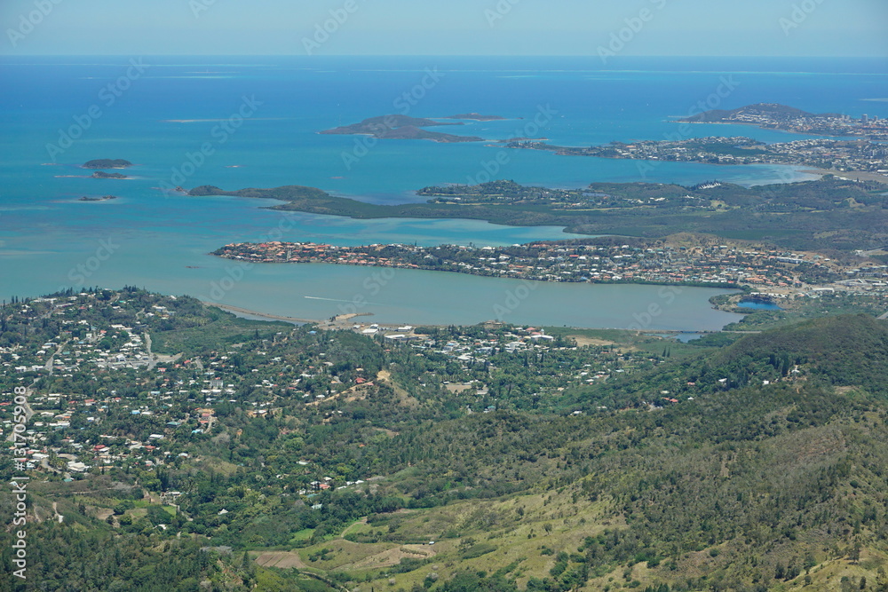 Aerial view, Boulary bay, islands and peninsula of Tina, Noumea, southwest coast of Grande Terre, New Caledonia, south Pacific ocean
