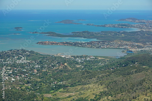 Aerial view, Boulary bay, islands and peninsula of Tina, Noumea, southwest coast of Grande Terre, New Caledonia, south Pacific ocean 