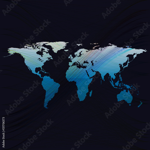 Blue color background with world map, abstract waves, lines, curves, swirl. Motion design. Vector decoration.